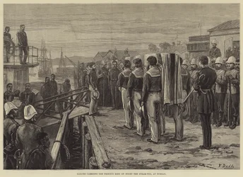Le défunt Prince Impérial, des marins portant le corps du Prince à bord du remorqueur à vapeur, à Durban